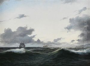 Segelschiff Und Besegelter Dampfer Auf See Vor Einer Kuste by Daniel Hermann Anton Melbye