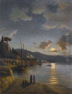 A Turkish Harbour By Moonlight