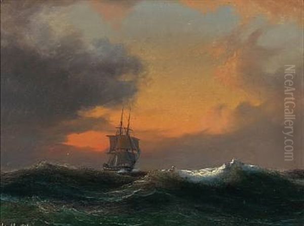 Seascape With A Sailing Ship In Rough Sea At Sunset by Daniel Hermann Anton Melbye