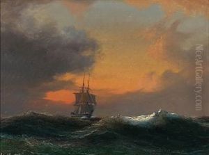 Seascape With A Sailing Ship In Rough Sea At Sunset by Daniel Hermann Anton Melbye
