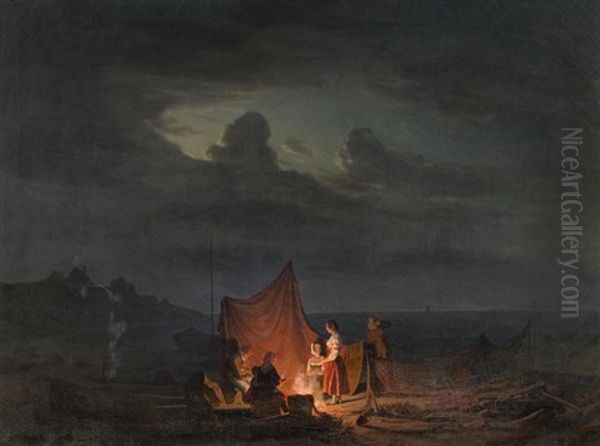 Fischerfamilie Am Offenen Feuer Vor Nachtlicher Kustenlandschaft Der Ostsee - view 1
