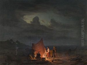 Fischerfamilie Am Offenen Feuer Vor Nachtlicher Kustenlandschaft Der Ostsee by Daniel Hermann Anton Melbye