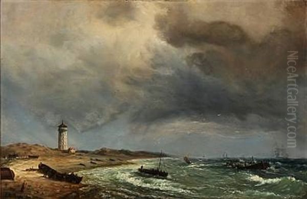 Fishermen On Skagen Beach With Det Hvide Fyr (the White Lighthouse) In The Background - view 1