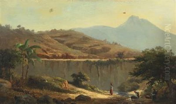 Mountainscape With Women Washing Clothes In The River, Probably Morocco - view 1