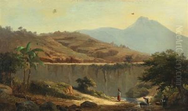 Mountainscape With Women Washing Clothes In The River, Probably Marocco - view 1