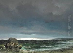 Coastal Scene From Nordsjaelland With A View Over The Sea Towards Kullen, Sweden. Dark Grey Sky, With The Sun Breaking Through In The Horizon by Daniel Hermann Anton Melbye