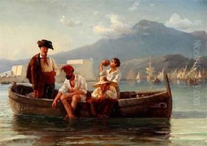 Four Italians In A Rowboat With Sailing Ships And Mountains In The Background