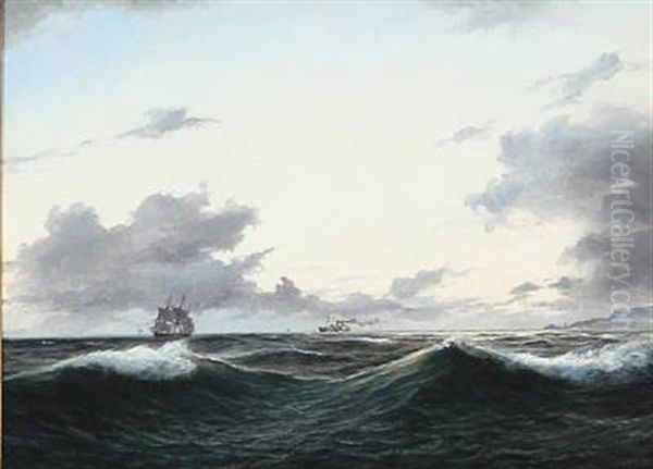 Coastal Scene With A Sailing Ship And A Steamer In Heavy Waves - view 1