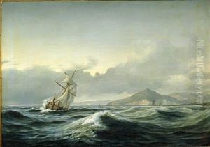Seascape With Sailing Ship In Rough Sea. In The Background A Rocky Coast by Daniel Hermann Anton Melbye