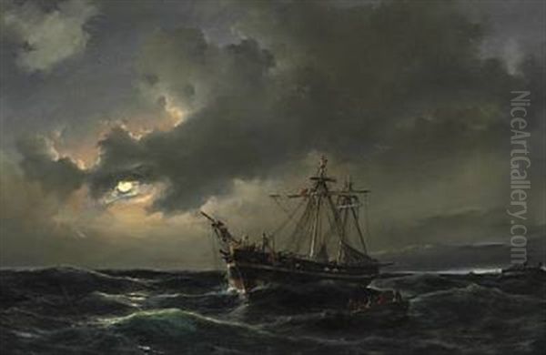 Night Time At Sea With Sailors Being Rescued From A Sinking Ship In Moonlight - view 1