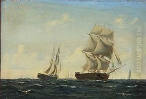 Seascape With Sailing Ships On The Sea by Daniel Hermann Anton Melbye