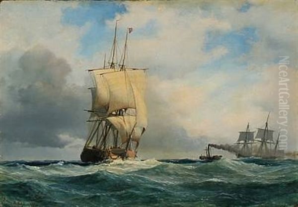 Seascape With Two Sailing Ships And A Steamer - view 1