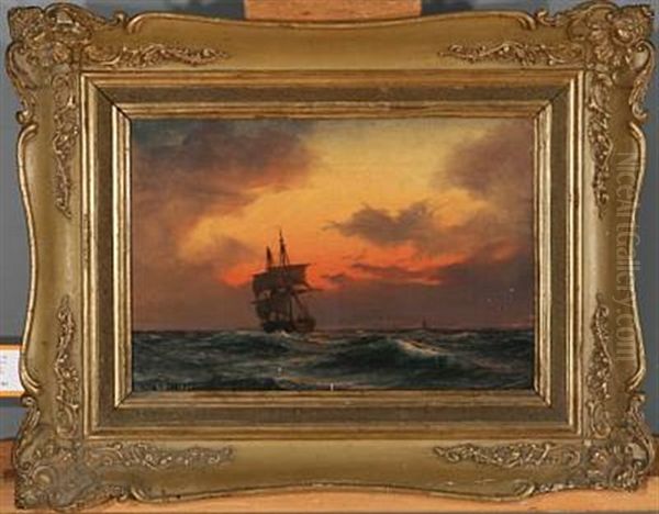 Seascape With Sailing Ship At Sunset - view 1