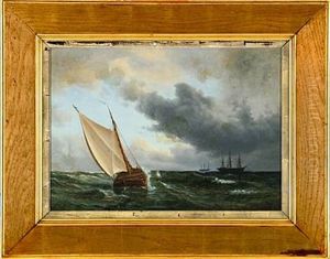 Marine With Sailing Ships On Open Sea by Daniel Hermann Anton Melbye
