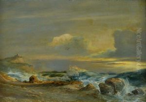 Hohe Brandung An Felsigem Strand Vor Einer Steilkuste Mit Burg by Daniel Hermann Anton Melbye