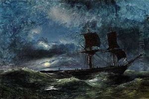 Sejlskib Pa Havet Ved Nattetide by Daniel Hermann Anton Melbye