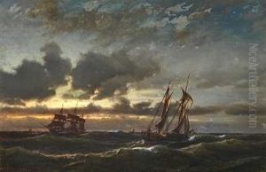 Sejlskibe Pa Havet I Skumringen by Daniel Hermann Anton Melbye