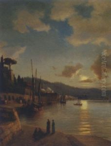 An Oriental Harbour By Moonlight