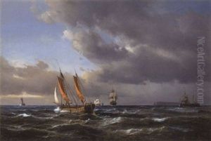 Marine Med Sejlskibe Og Fiskerbade Pa Havet Ud For En O by Daniel Hermann Anton Melbye