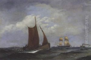 A French Frigate In Company With A Paddle Steamer And Other Shipping Off A Danish Outpost by Daniel Hermann Anton Melbye