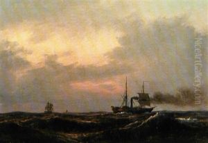 Dampskib Og Sejlskibe Pa Havet, Solnedgang Dampskib Og Sejlskibe Pa Havet, Solnedgang