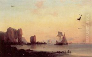 Sejlskibe Ud For Klippekyst, Aftenstemning by Daniel Hermann Anton Melbye