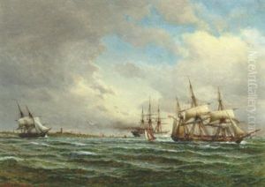 Tremastede Sejlskibe Ud For En Kyst Tremastede Sejlskibe Ud For En Kyst