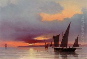 Fiskerbade Ud For Kysten, Solnedgang by Daniel Hermann Anton Melbye