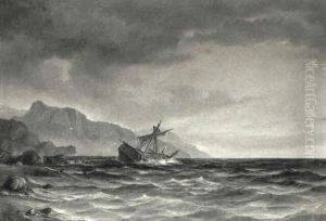 Marine Med Skibsvrag Udfor Klippekyst by Daniel Hermann Anton Melbye