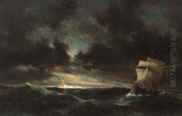 Marine Med Sejlskibe I Opr+rt Vand, Ved Aftentide - view 1