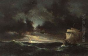 Marine Med Sejlskibe I Opr+rt Vand, Ved Aftentide by Daniel Hermann Anton Melbye