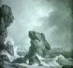 Oprort Hav Ved Klippekyst, I Forgrunden To Maend Pa Strandbredden, I Baggrunden Forlist Sejlskib by Daniel Hermann Anton Melbye