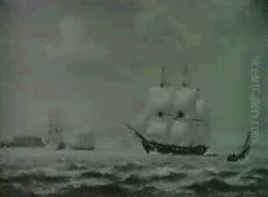Skibe For Fulde Sejl Ud For Kronborg by Daniel Hermann Anton Melbye
