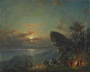 Sunset On The Venezuelan Coast With A Hunting Party Around A Fire