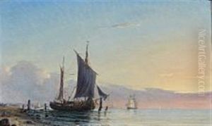 A Sunny Coastal Scene With A Ship At Quay by Fritz Siegfried George Melbye