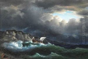 Seascape With Ships In The Rough Sea Off The Coast by Fritz Siegfried George Melbye
