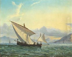 Seascape With A Fishing Boat In The Foreground And Numerous Ships Under Sail And At Anchor Off A Mountainous Coastline by Fritz Siegfried George Melbye