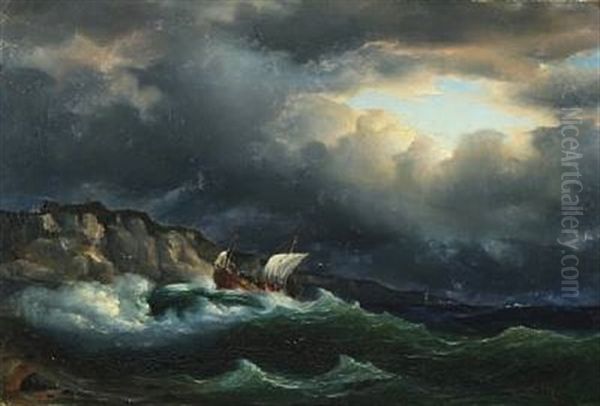 Coastal Scenery With A Sailboat In Stormy Sea - view 1