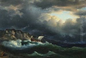 Coastal Scenery With A Sailboat In Stormy Sea by Fritz Siegfried George Melbye