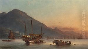 Junks, Sampans And Western Shipping Lying Off Hong Kong At Dusk by Fritz Siegfried George Melbye