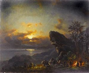 Figures Round A Fire By Moonlight