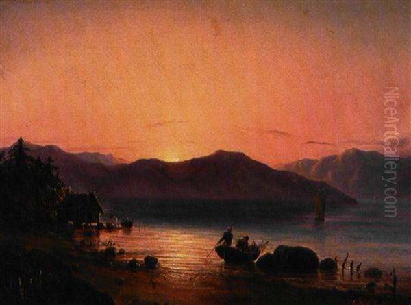 Solnedgang Over Havet, I Forgrunden Hytter Pa Paele - view 1