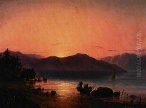 Solnedgang Over Havet, I Forgrunden Hytter Pa Paele by Fritz Siegfried George Melbye