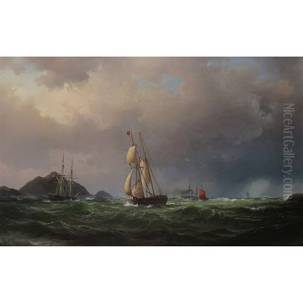 Vessels In A Rocky Channel In Boisterous Seas - view 1