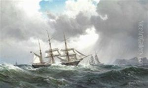 Sailing Ships In High Sea Off A Rocky Coast by Vilhelm Melbye