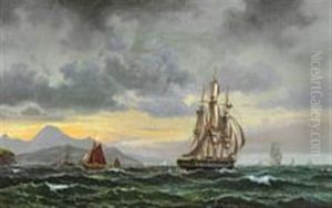 Seascape With Numerous Sailing Ships Near A Rocky Coast by Vilhelm Melbye