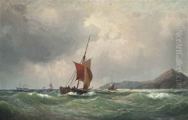 Fishing Boats Off A Rocky Coastline, A Paddle Steamer Beyond - view 1