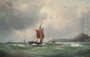 Fishing Boats Off A Rocky Coastline, A Paddle Steamer Beyond by Vilhelm Melbye