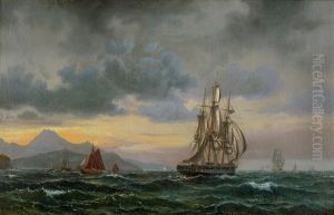 Englischer Dreimaster Auf Rauer See Vor Felsiger Kuste (gibraltar?) by Vilhelm Melbye