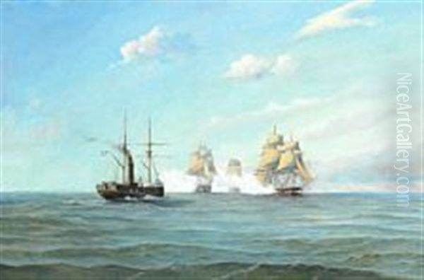 Three Frigates Saluting A Steamship - view 1